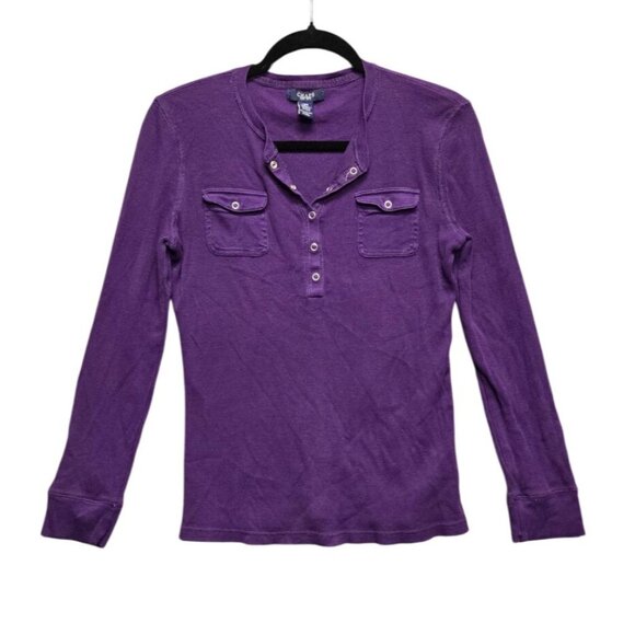 Y2K Purple Henley Long Sleeve Thermal Cotton Top Snap Buttons Womens L - Picture 1 of 8